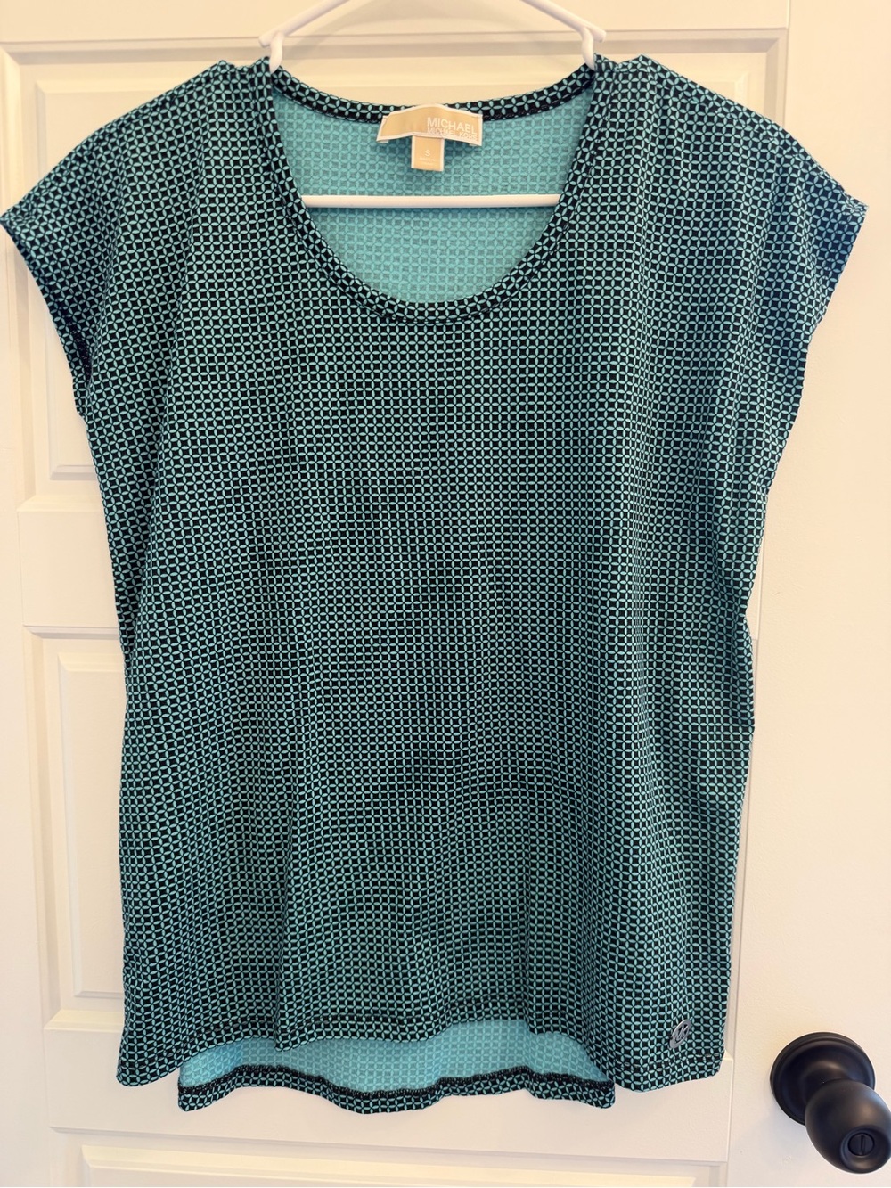 Michael Kors Teal Geometric Pattern Cap Sleeve Blouse Top S